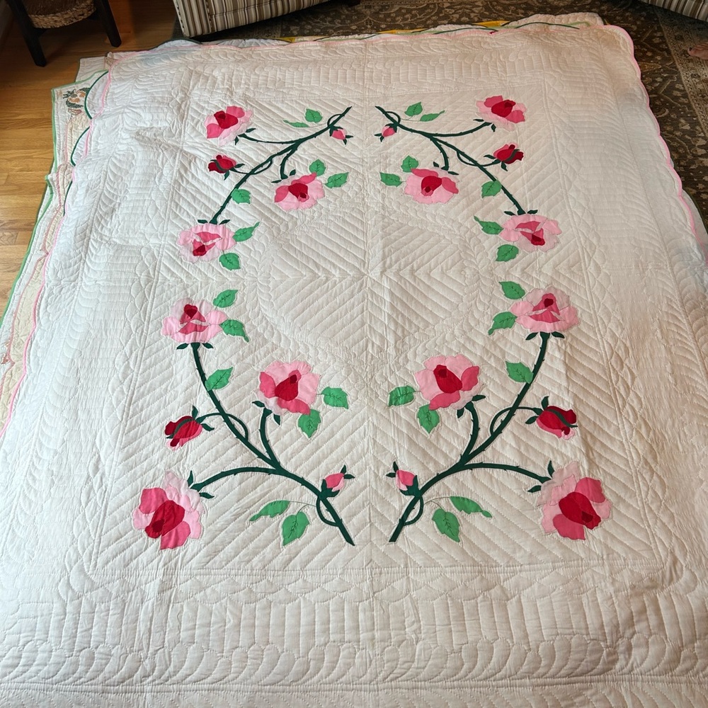 Handmade vintage teal and pink vintage floral quilt